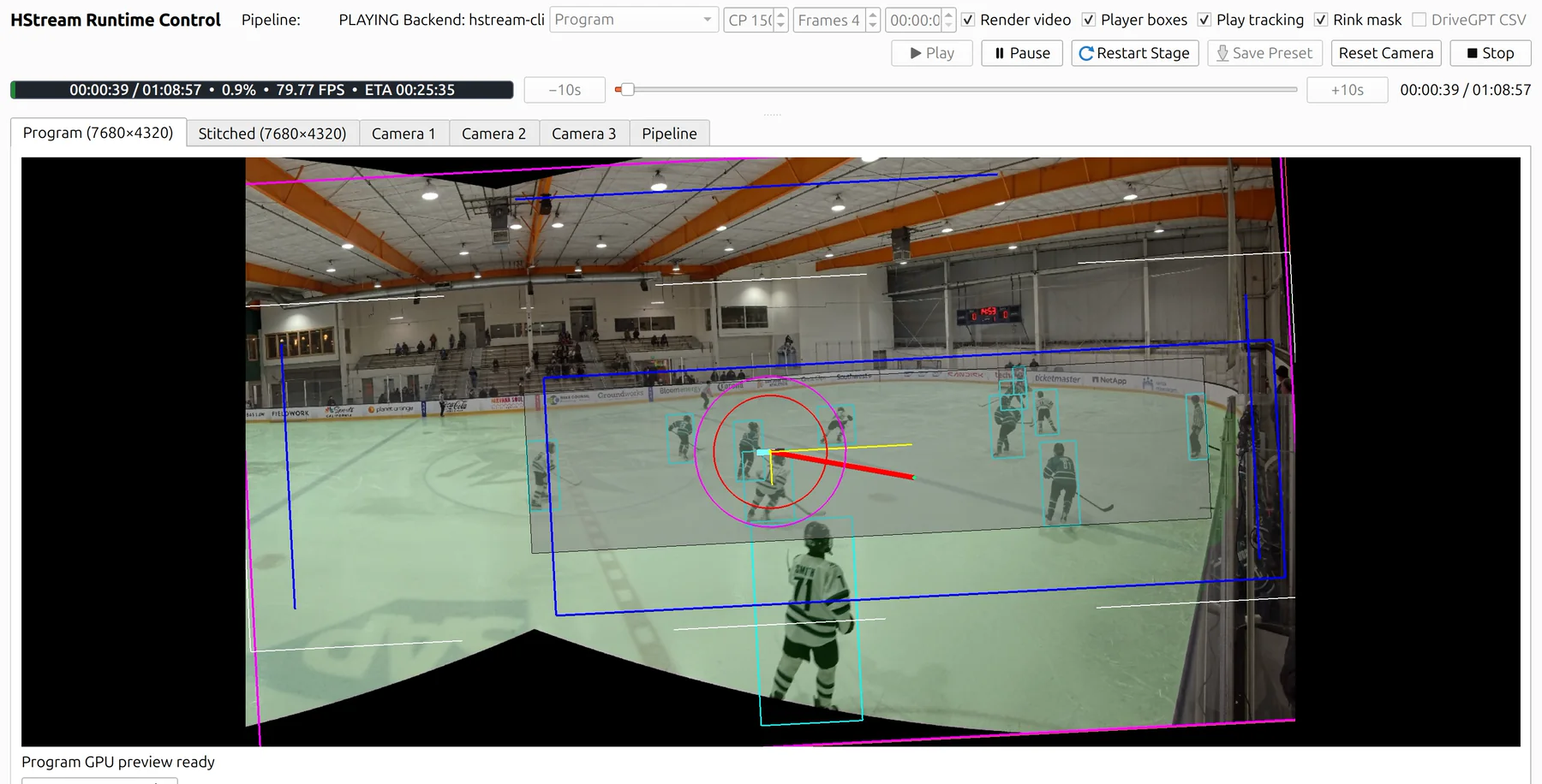 HockeyMONStream processing a hockey game with player boxes, play tracking, and rink mask drawings enabled